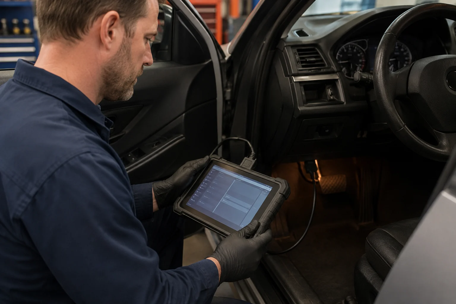A technician checking a diagnostic scan tablet beside a stationary sedan