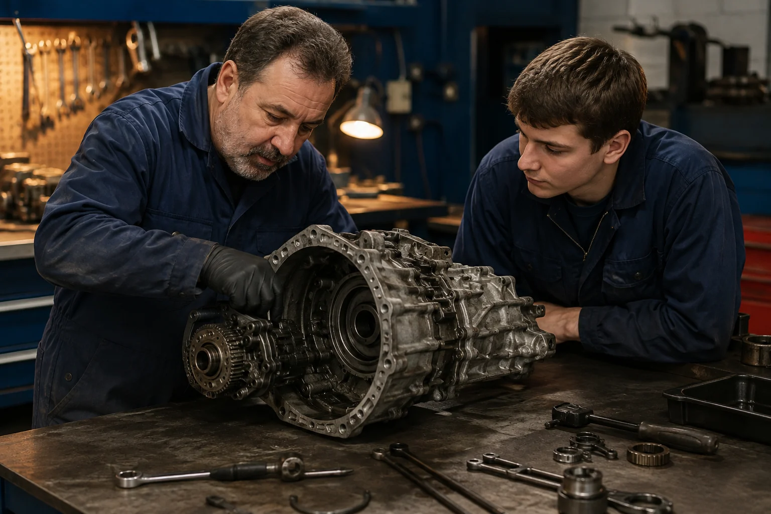 Technicians inspecting an automatic transmission on a workbench
