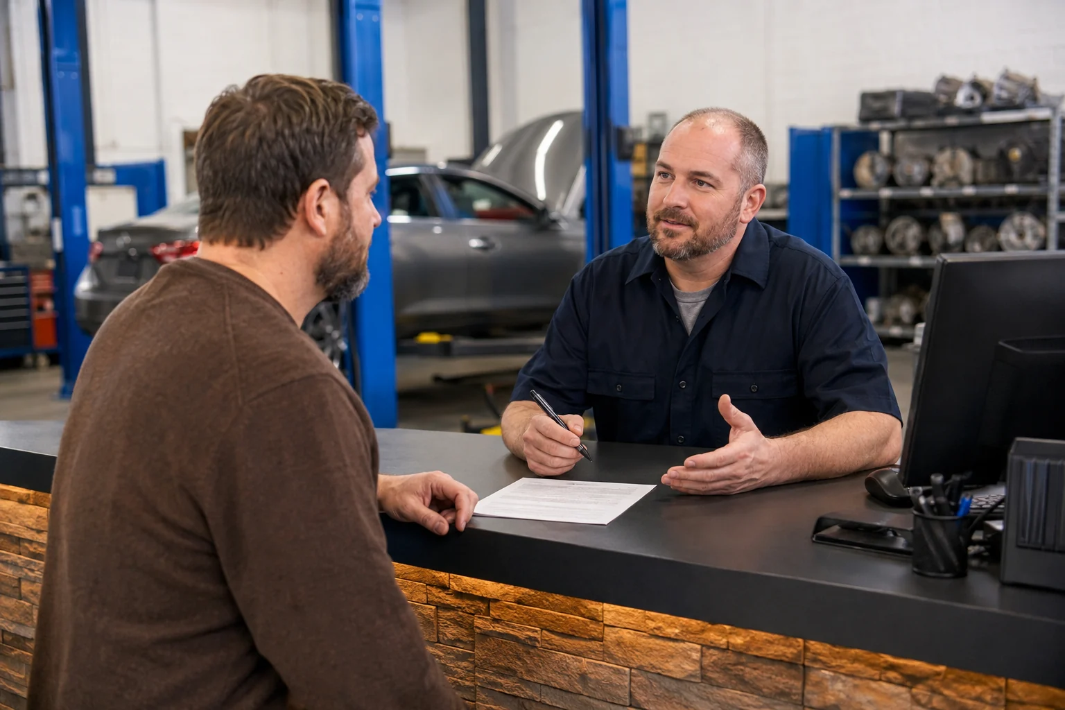 A customer and service advisor discussing a repair at a workshop counter