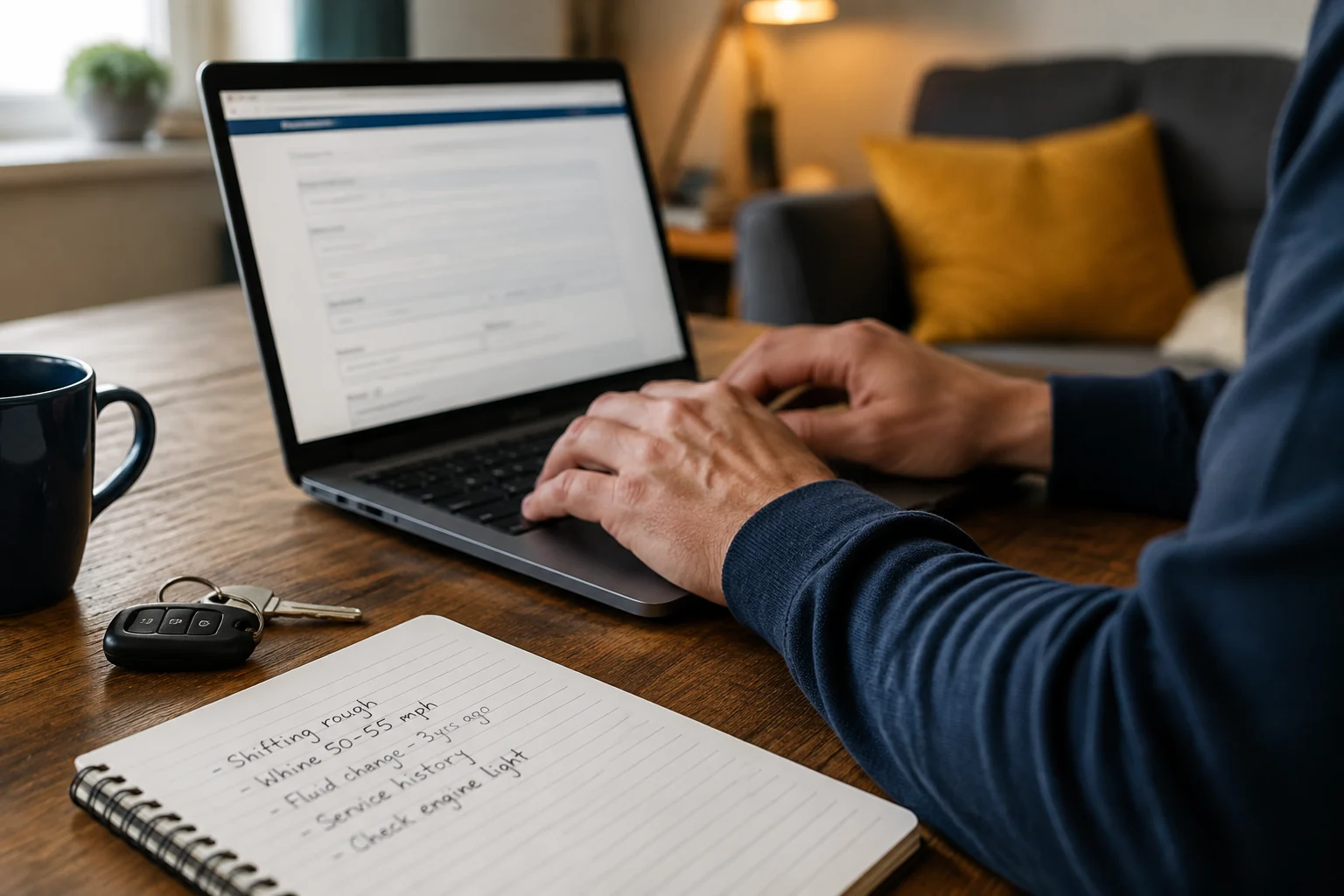 Hands preparing a vehicle service inquiry on a laptop