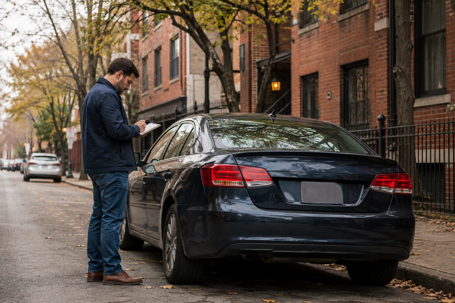 A vehicle owner noting symptoms beside a parked sedan