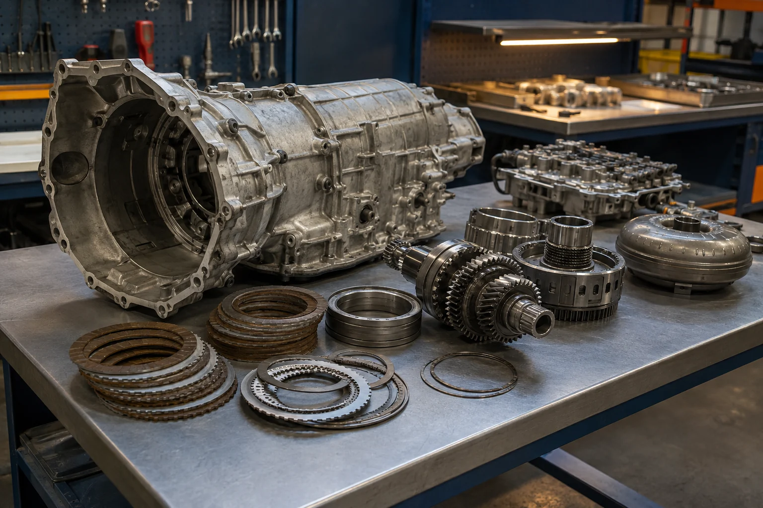 Transmission housing, clutch packs, and gears arranged for inspection