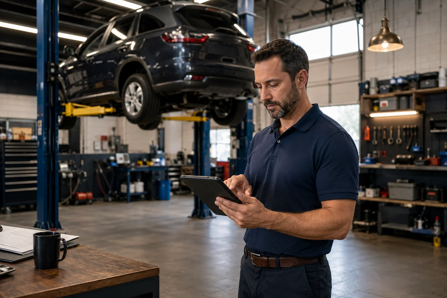 A service advisor reviewing the schedule beside a repair bay