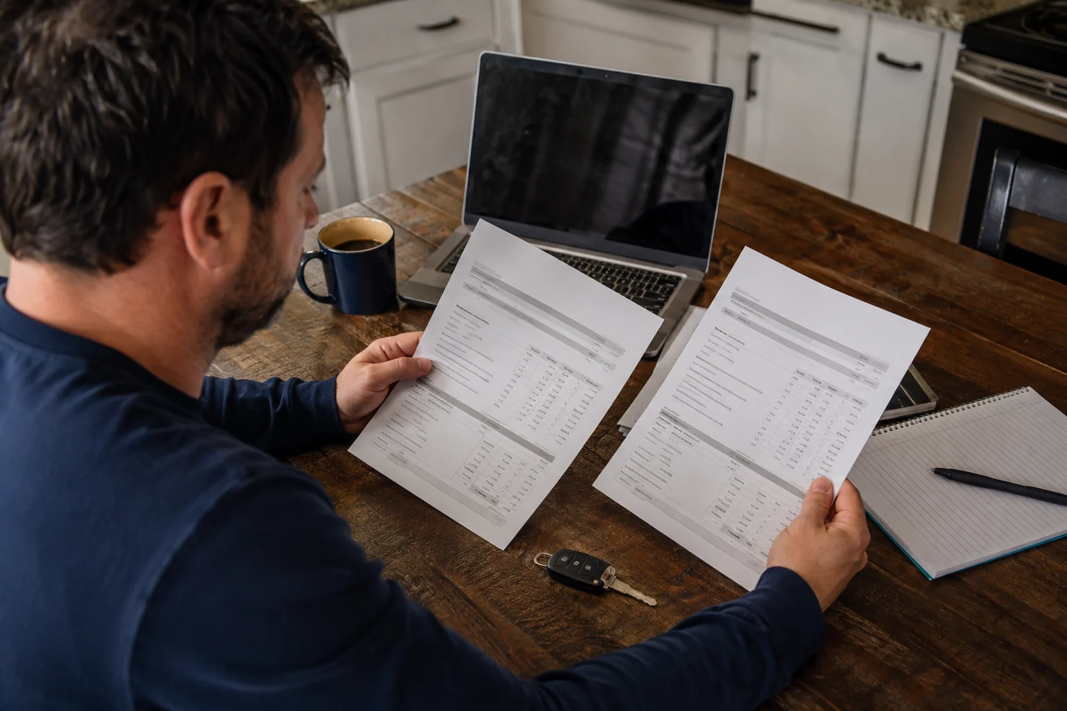 A vehicle owner comparing two repair estimates at home