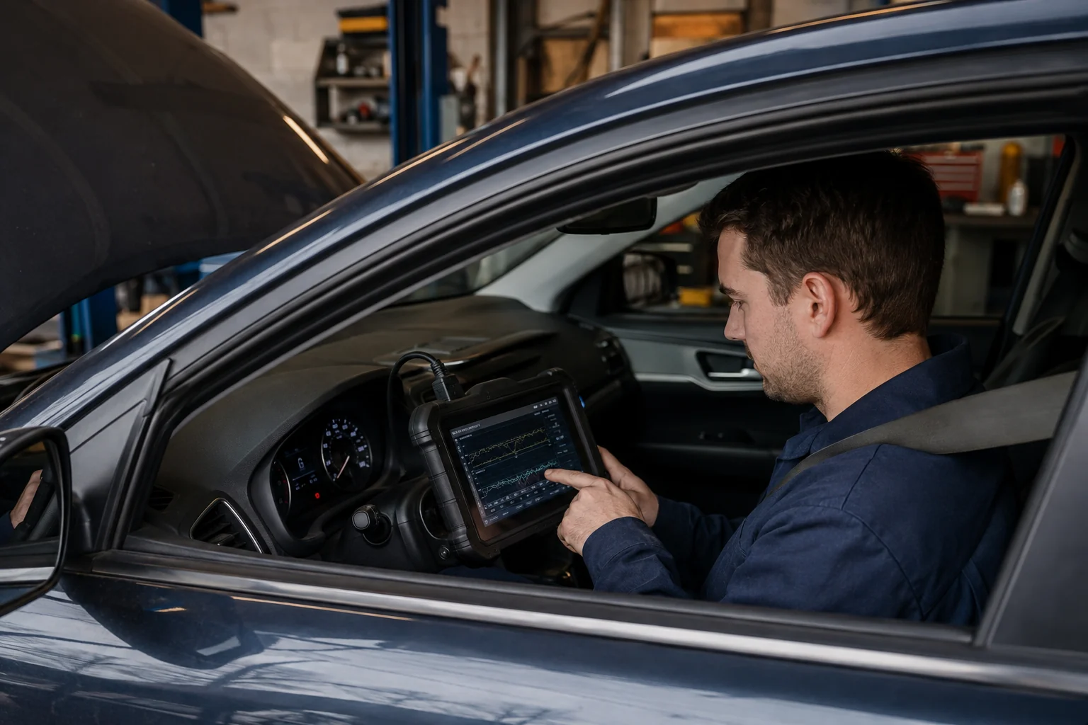 A technician reviewing diagnostic data in a parked vehicle after repair