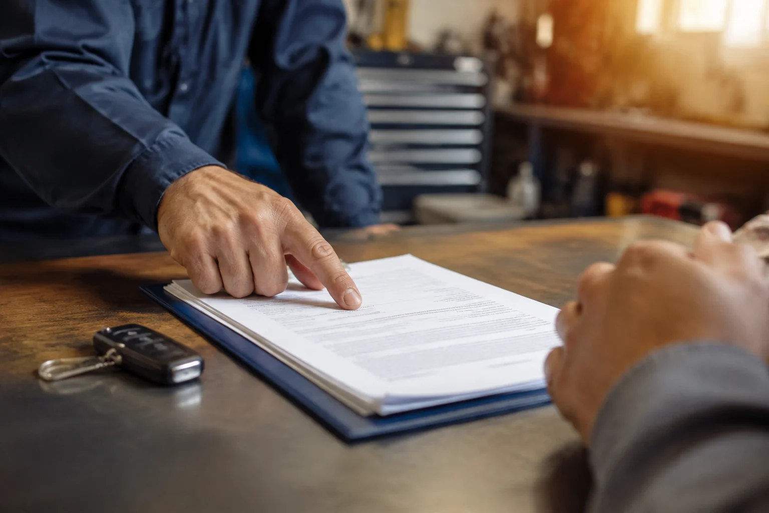 Repair paperwork and a car key on a service desk