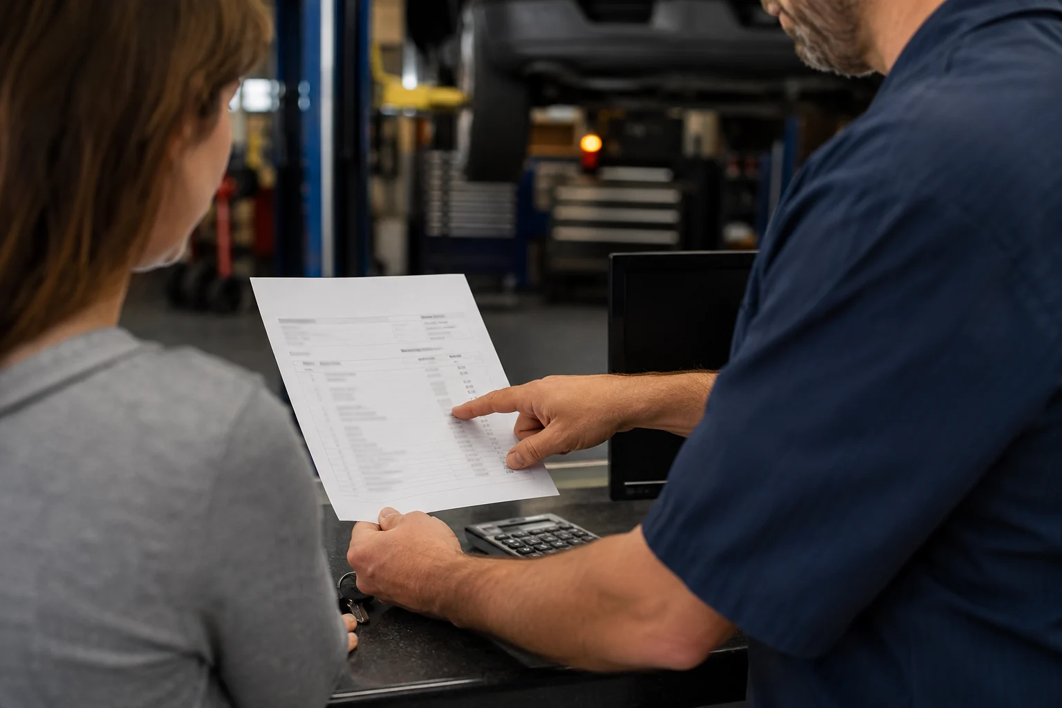 A customer reviewing an itemized repair estimate with an advisor
