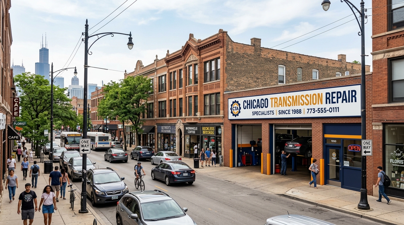 Chicago Transmission Repair Specialists shop exterior on busy Chicago street since 1988