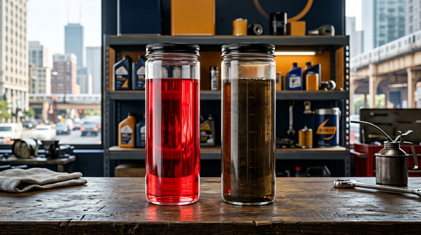 ATF fluid comparison — healthy vs degraded transmission fluid