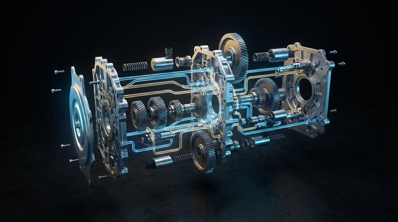 Transmission components on the rebuild bench at Chicago Transmission